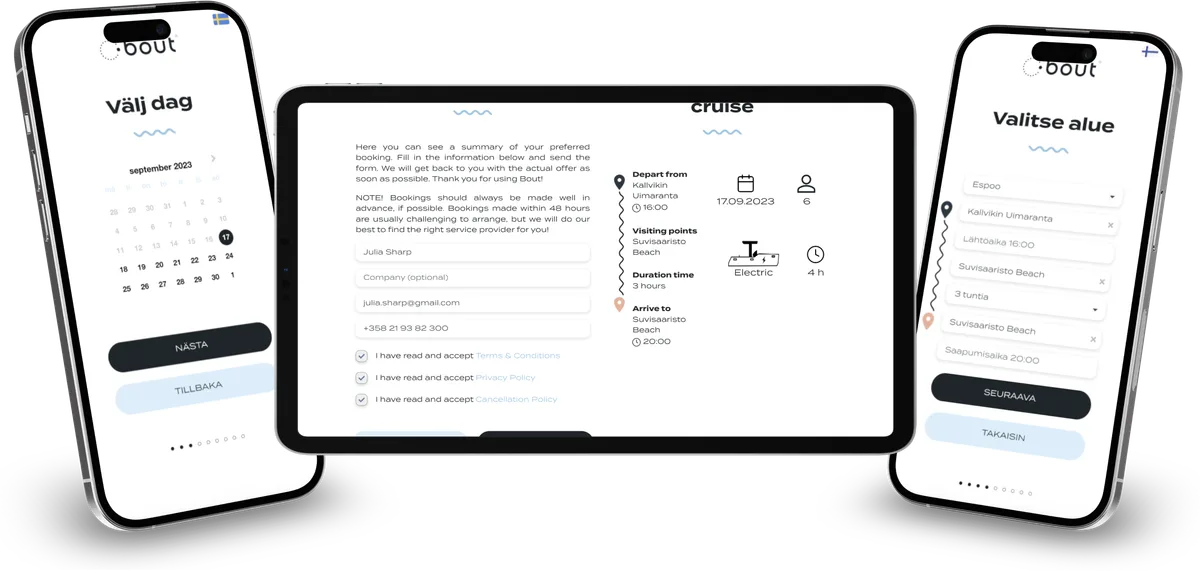 Bout Cruise mobile and tablet booking flow screens