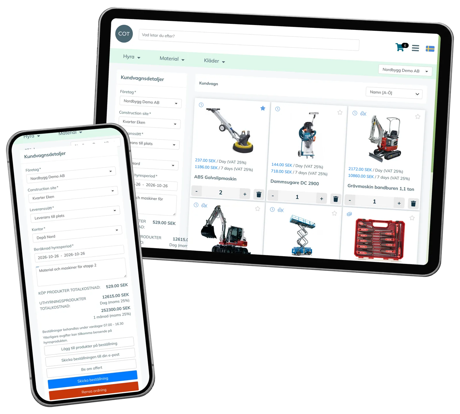 COT Sverige Portal prototype: Keep the site and delivery details with the basket. Real interface with fictional demonstration records.