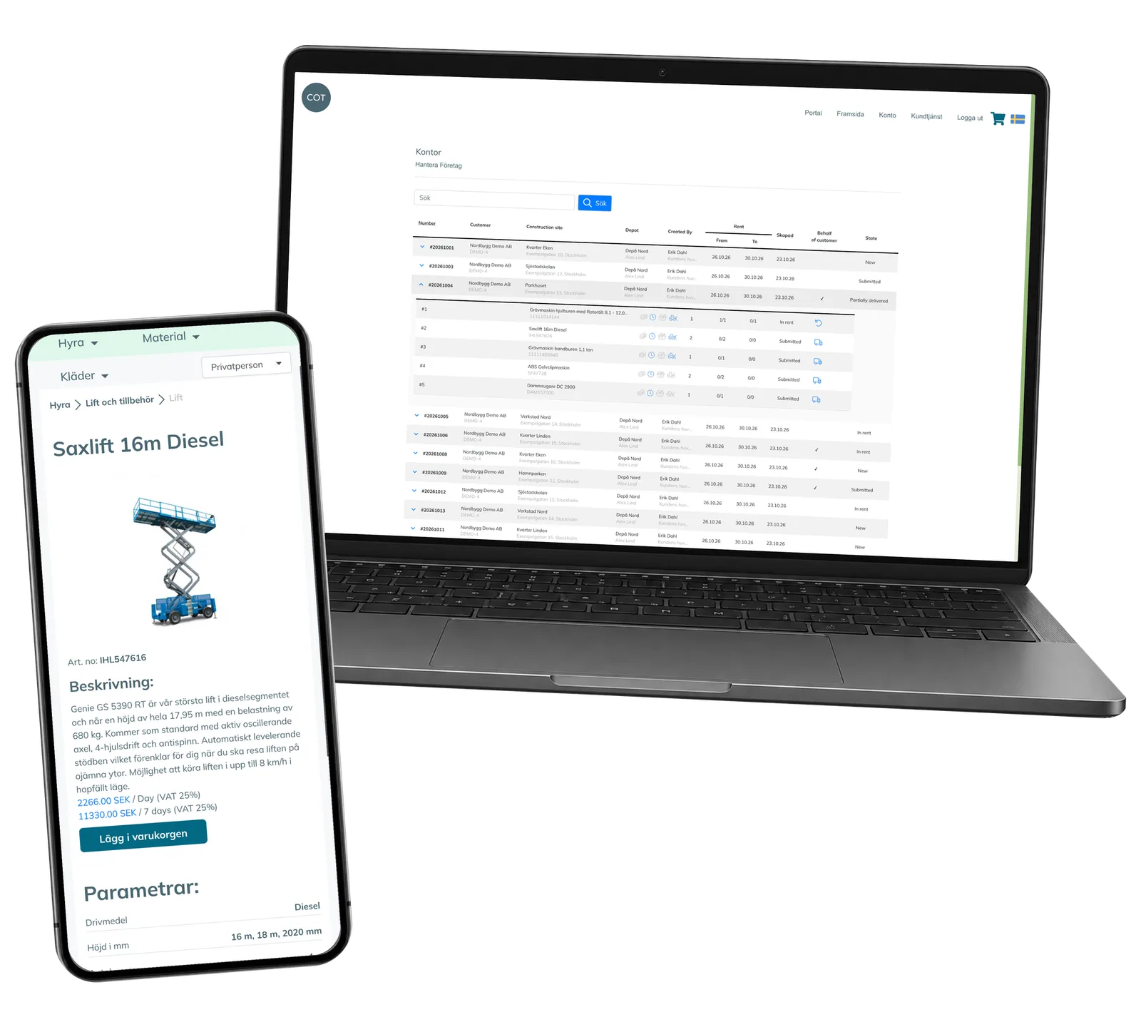 COT Sverige Portal prototype: See what has been delivered and what is still on hire. Real interface with fictional demonstration records.