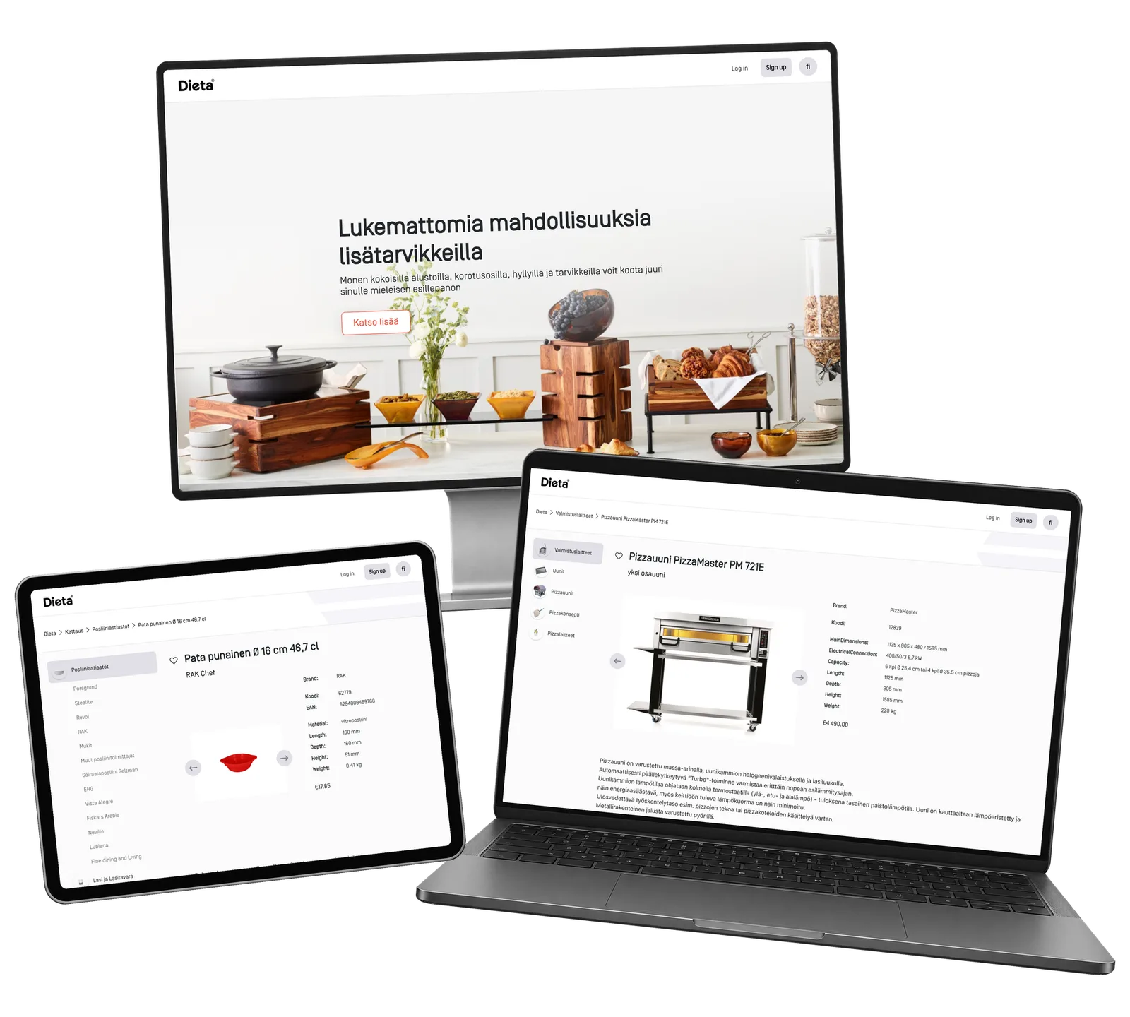 Dieta Shop prototype: Bring tableware and kitchen equipment into one catalogue. Actual catalogue interface with historical example prices.