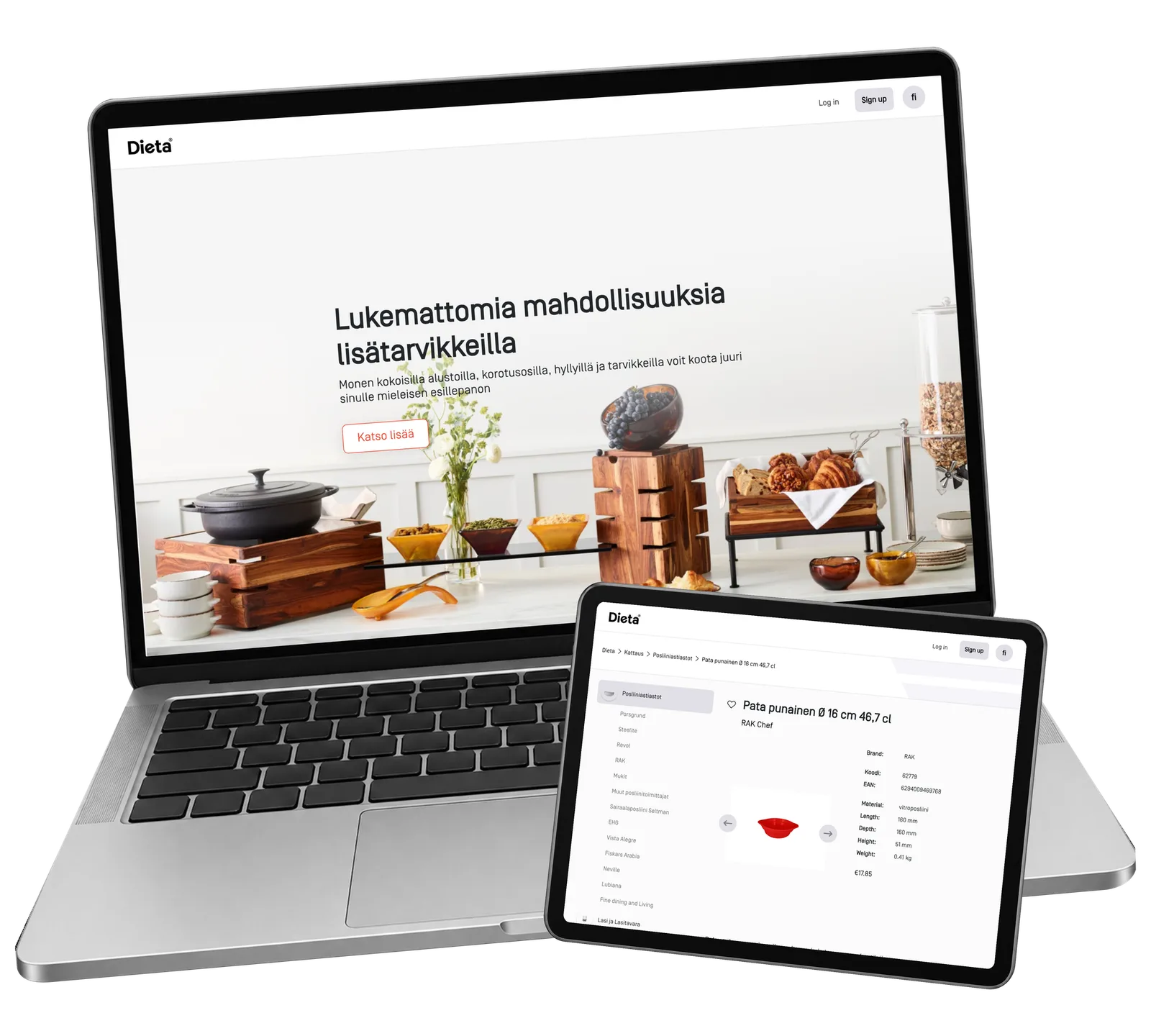 Dieta Shop catalogue prototype on a laptop and tablet, showing a buffet presentation and a red serving bowl.
