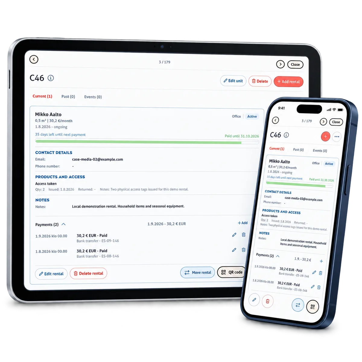 Easy Storages hyresuppgifter, registrerade passertaggar och demobetalningshistorik på surfplatta och telefon.