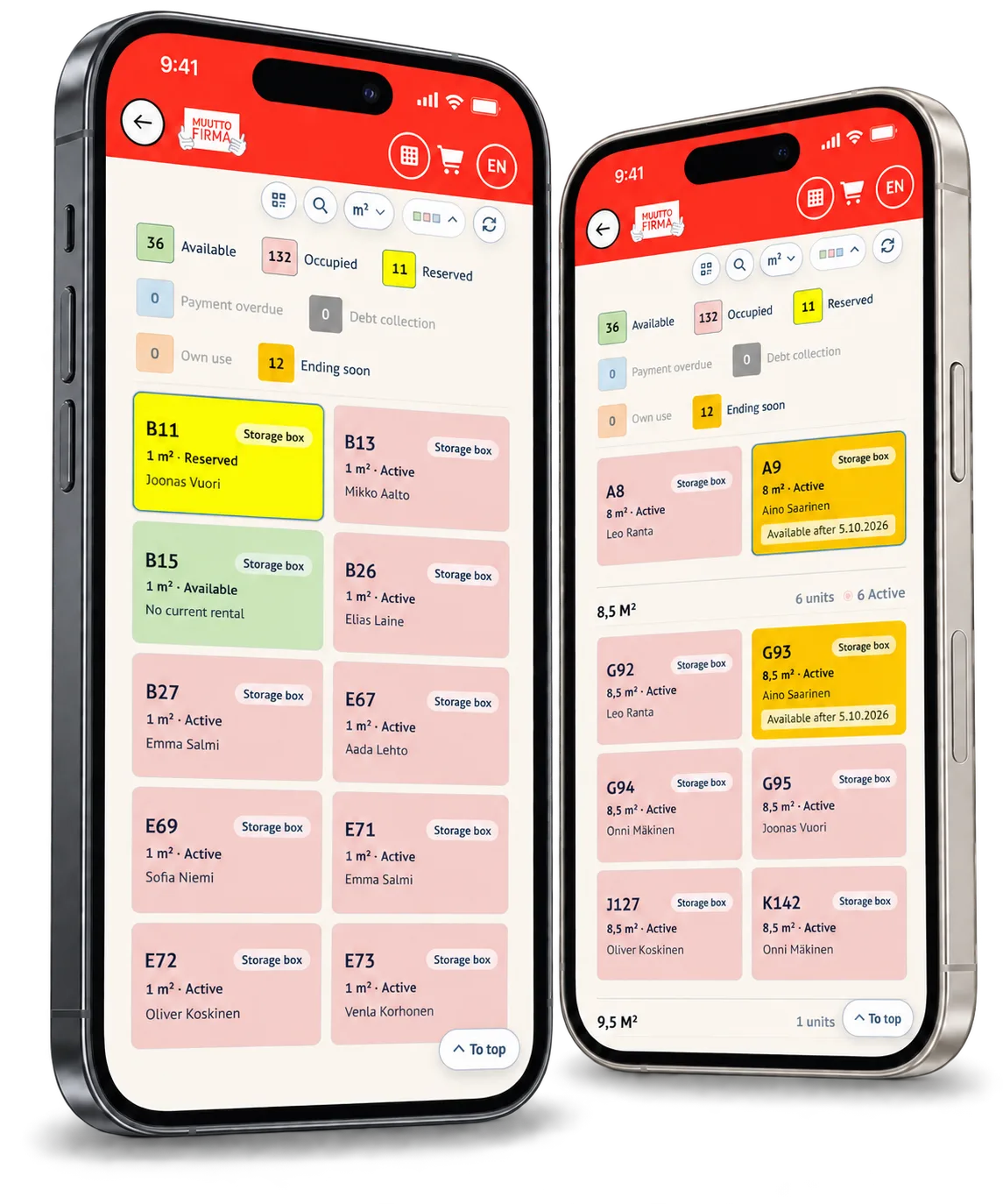 Reserverade förråd och uthyrningar som snart upphör i Easy Storages mobilvyer.