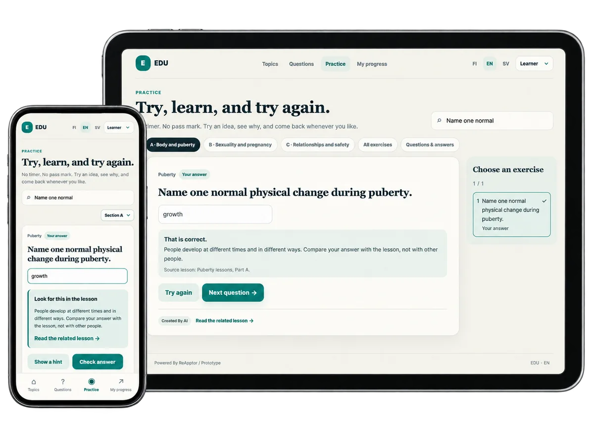 A quiz with explanatory feedback on a tablet and a study hint on a phone, with EDU display branding.