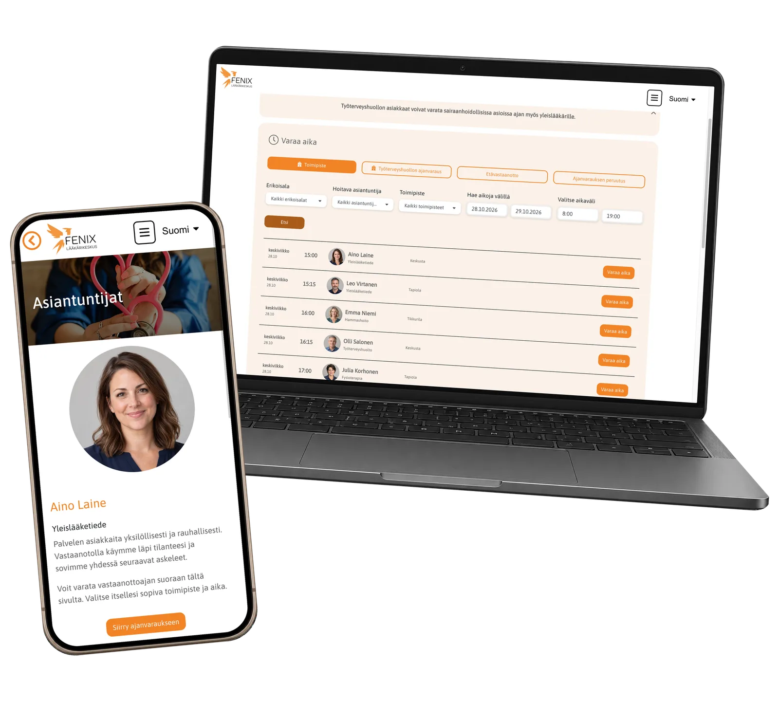 Fenix application: Choose a time around your specialist and location. Real interface with fictional demonstration data.