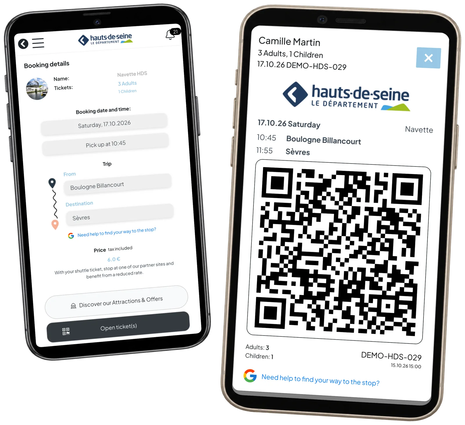 HDS-varaus kolmelle aikuiselle ja yhdelle lapselle sekä saman varauksen QR-esimerkkilippu kahdella puhelimella.