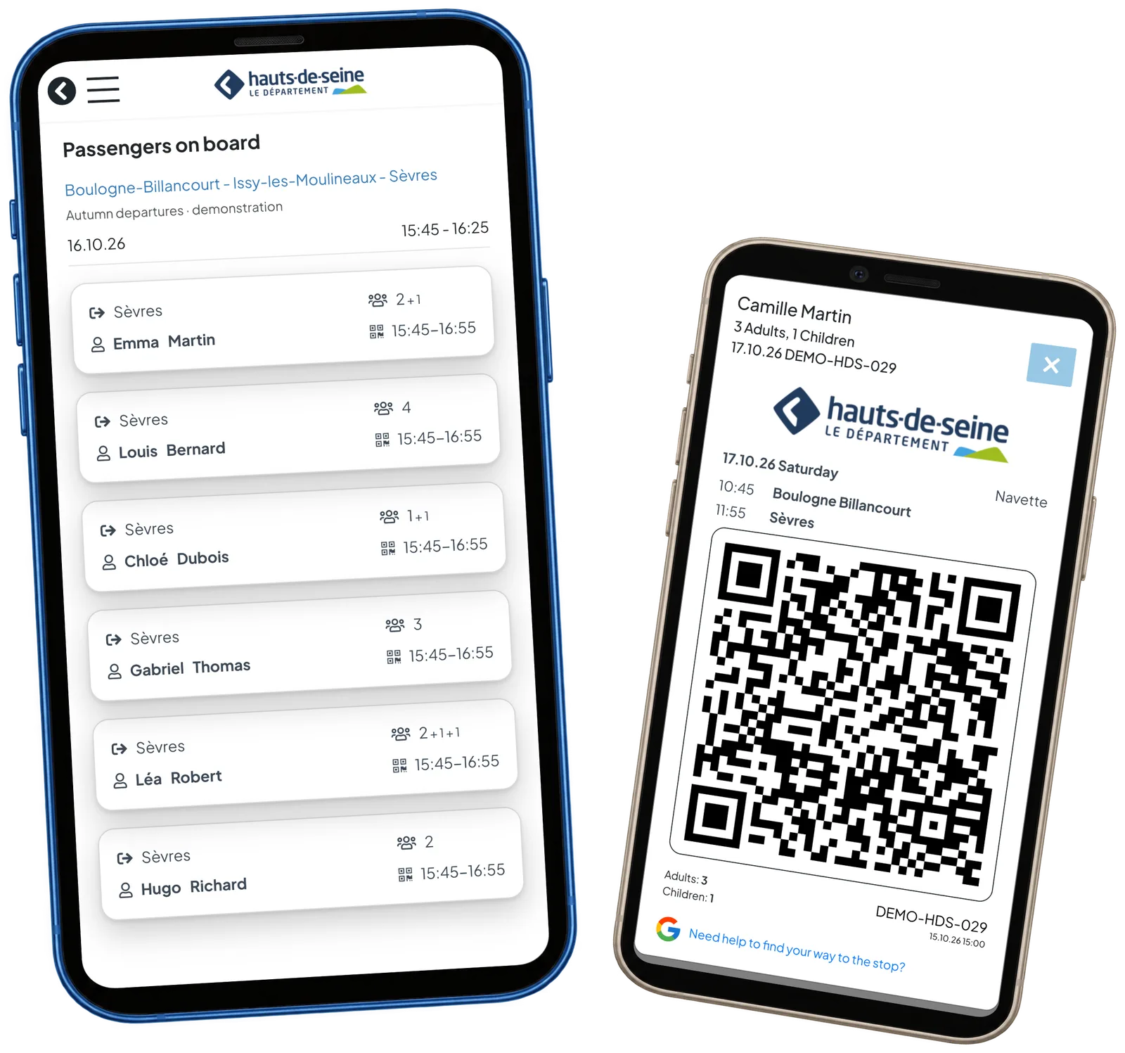 HDS-miehistön matkustajalista ja QR-lippu eri puhelimissa, erillisistä esimerkkimatkoista.