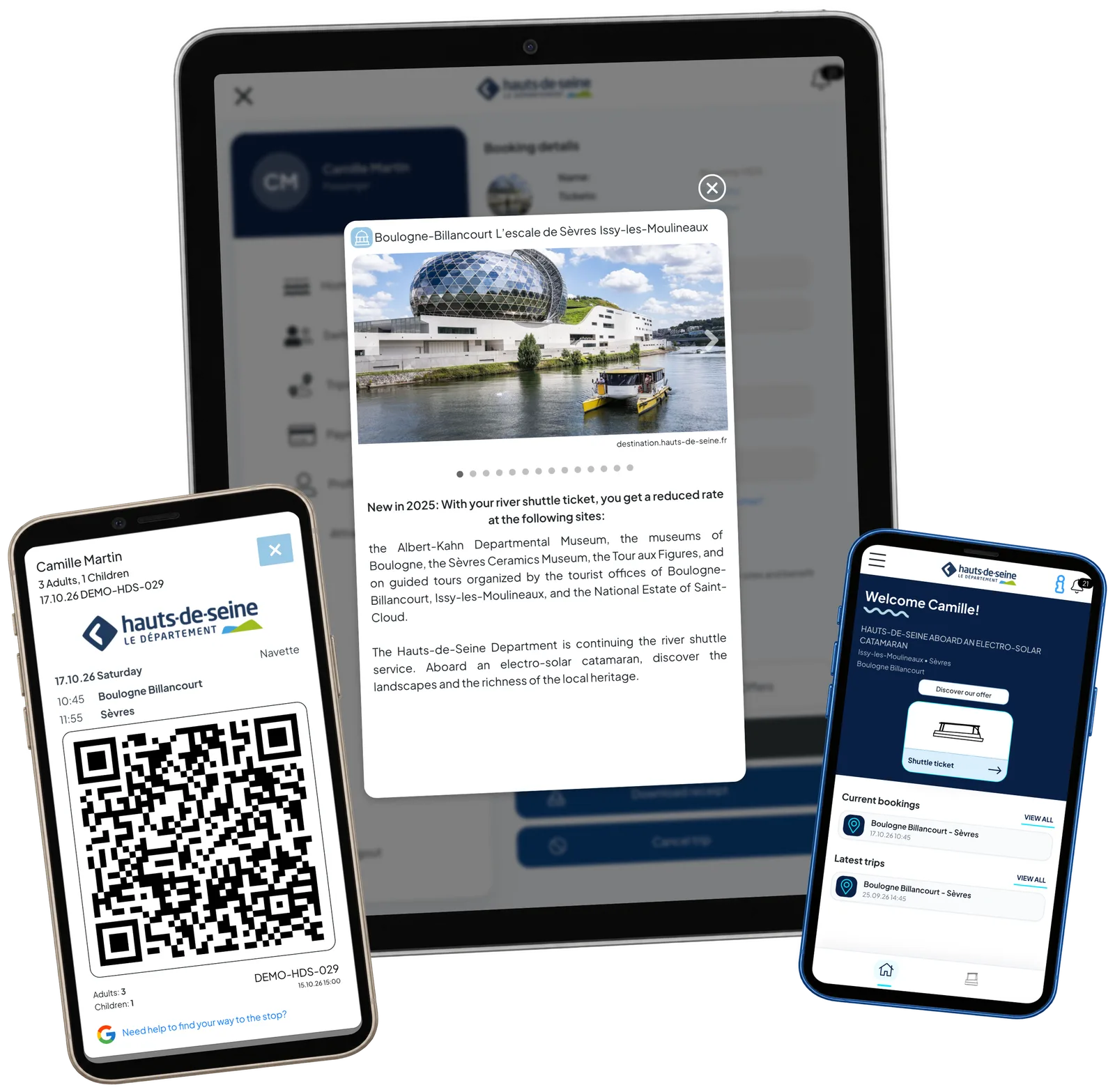 HDS Navetten nähtävyysnäkymä, matkustajan etusivu ja QR-lippu tabletilla ja puhelimilla; nykyinen käyttöliittymä esimerkkitiedoilla.