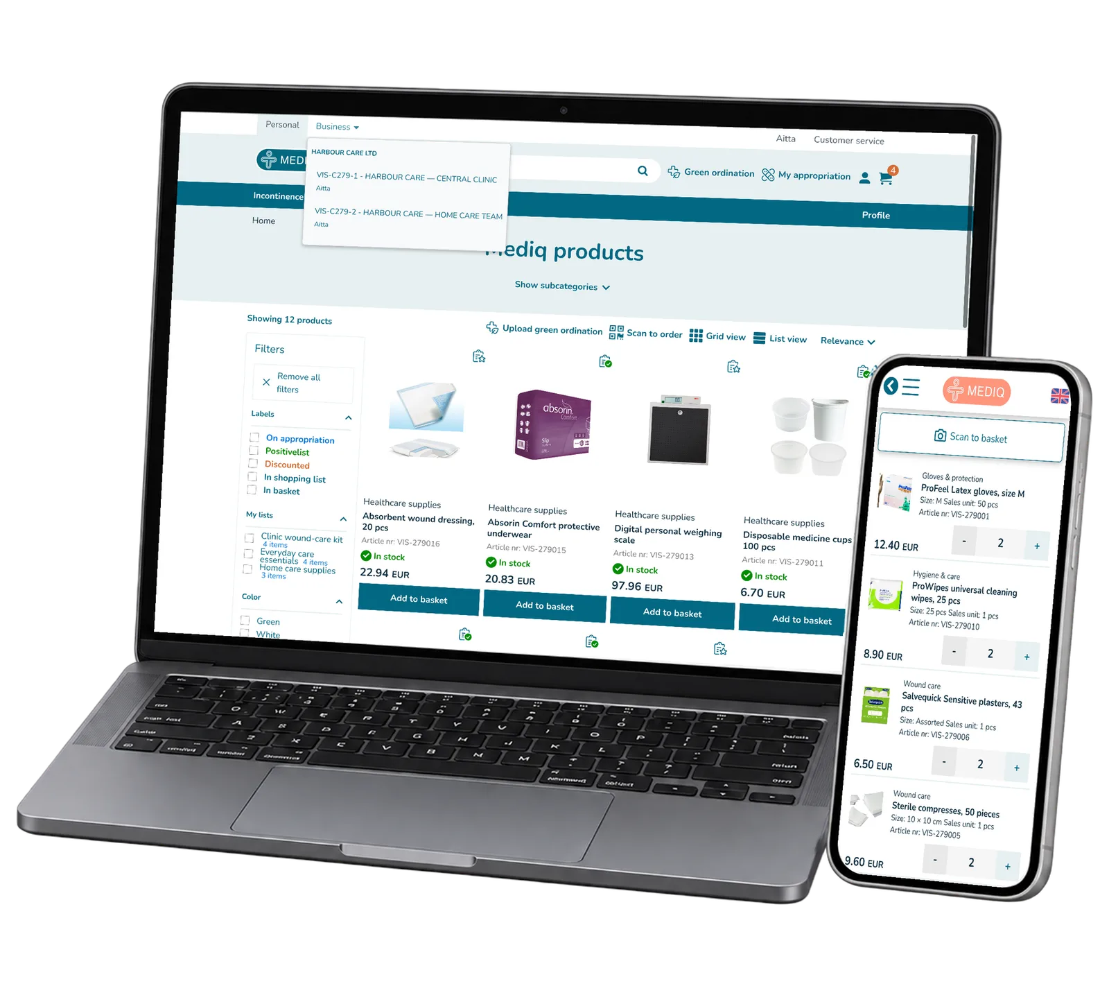 Organisation selector on a laptop and a separate personal basket on a phone.