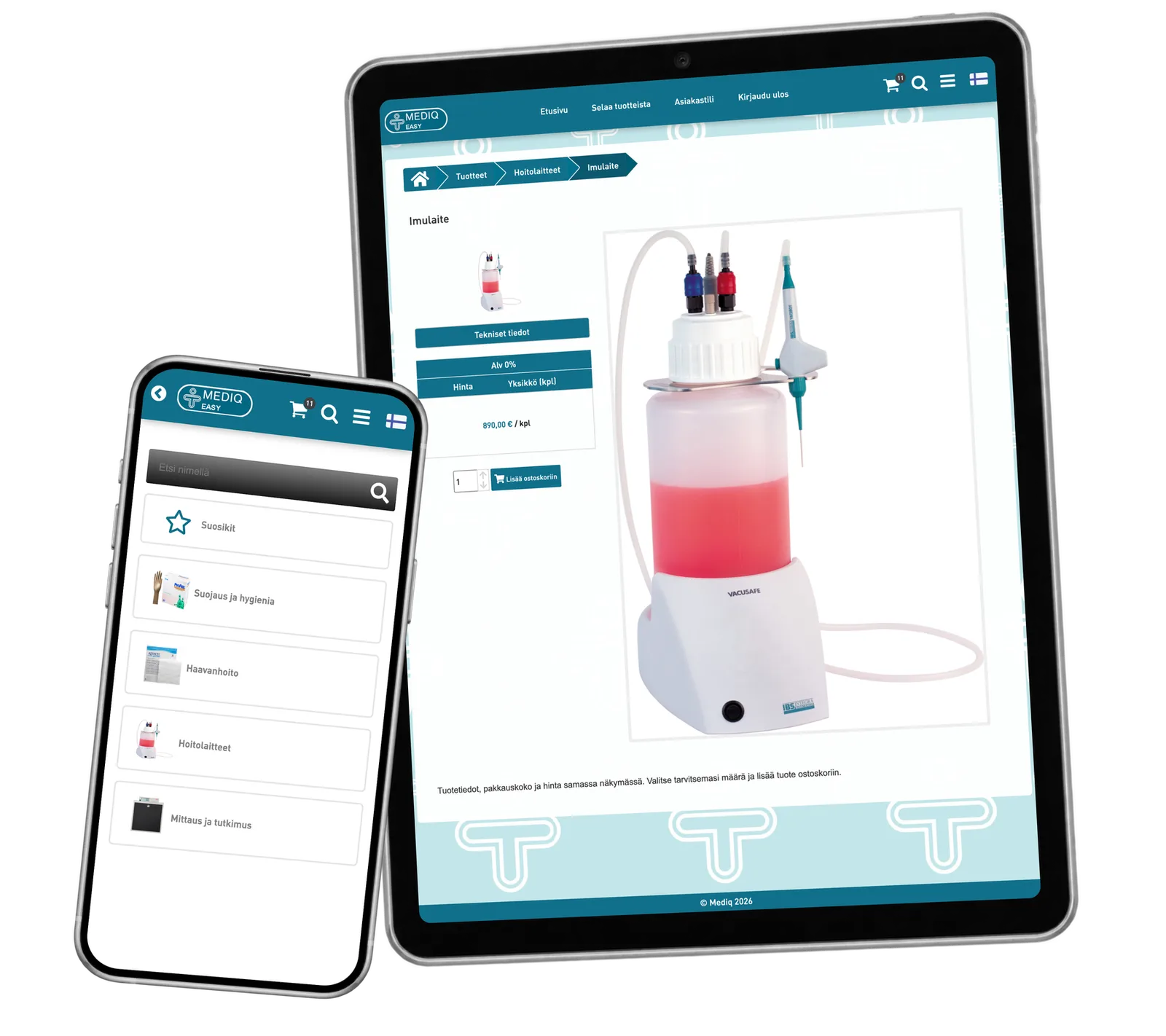 Medical suction equipment product information on a portrait tablet with the category catalogue on a smaller phone.