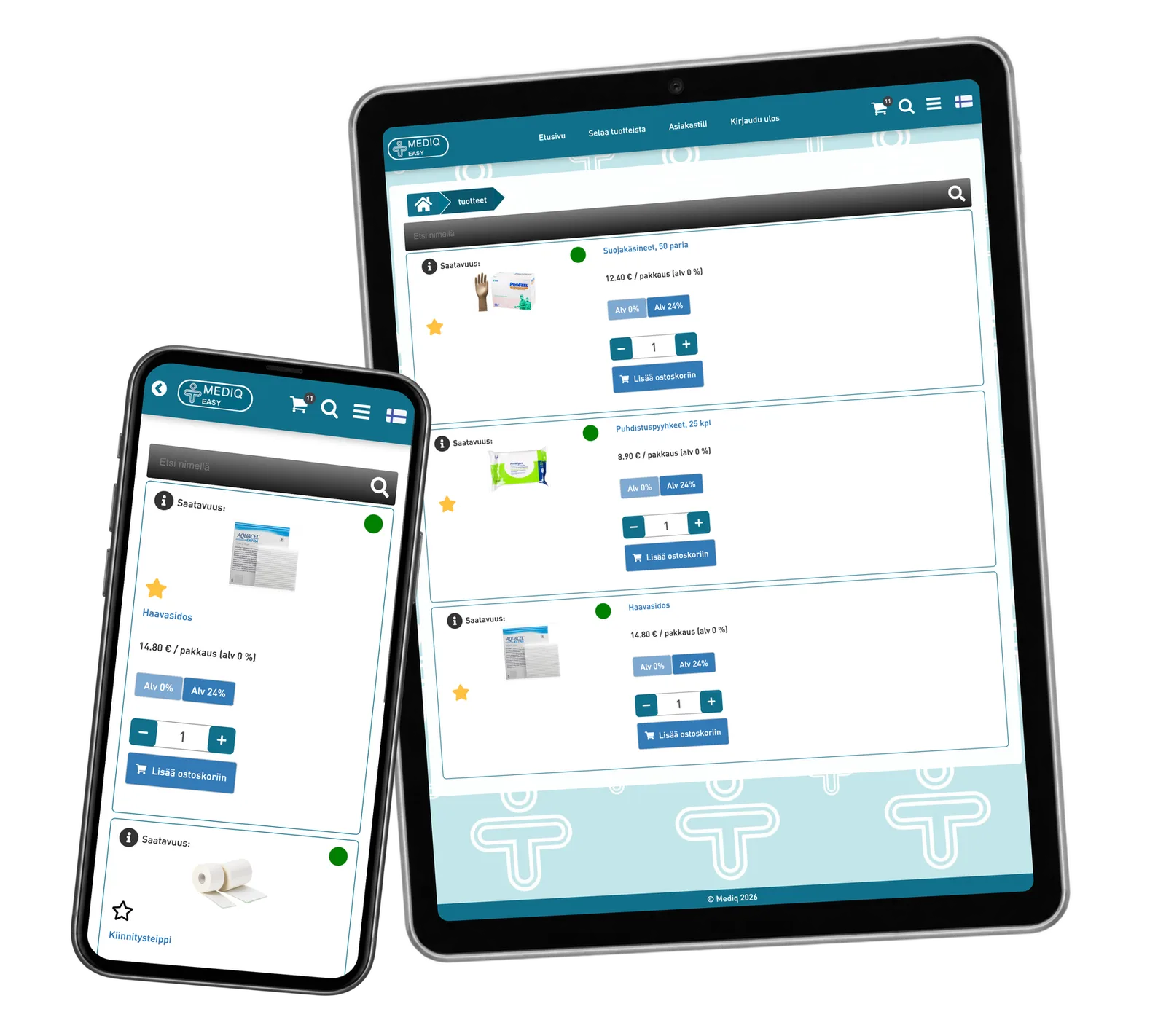 A saved assortment of supplies on a portrait tablet alongside a phone with a different wound-care selection.