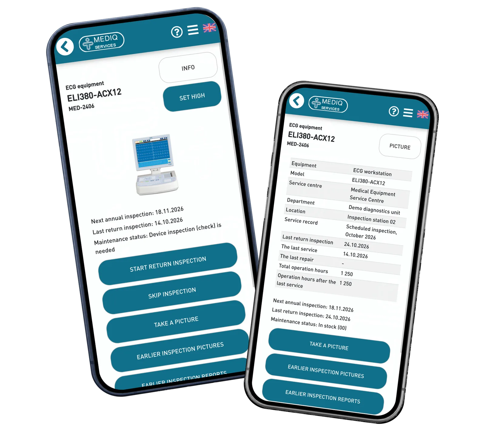 Mediq Services prototype: Find the right device and bring its service information into view. Fictional demonstration data.