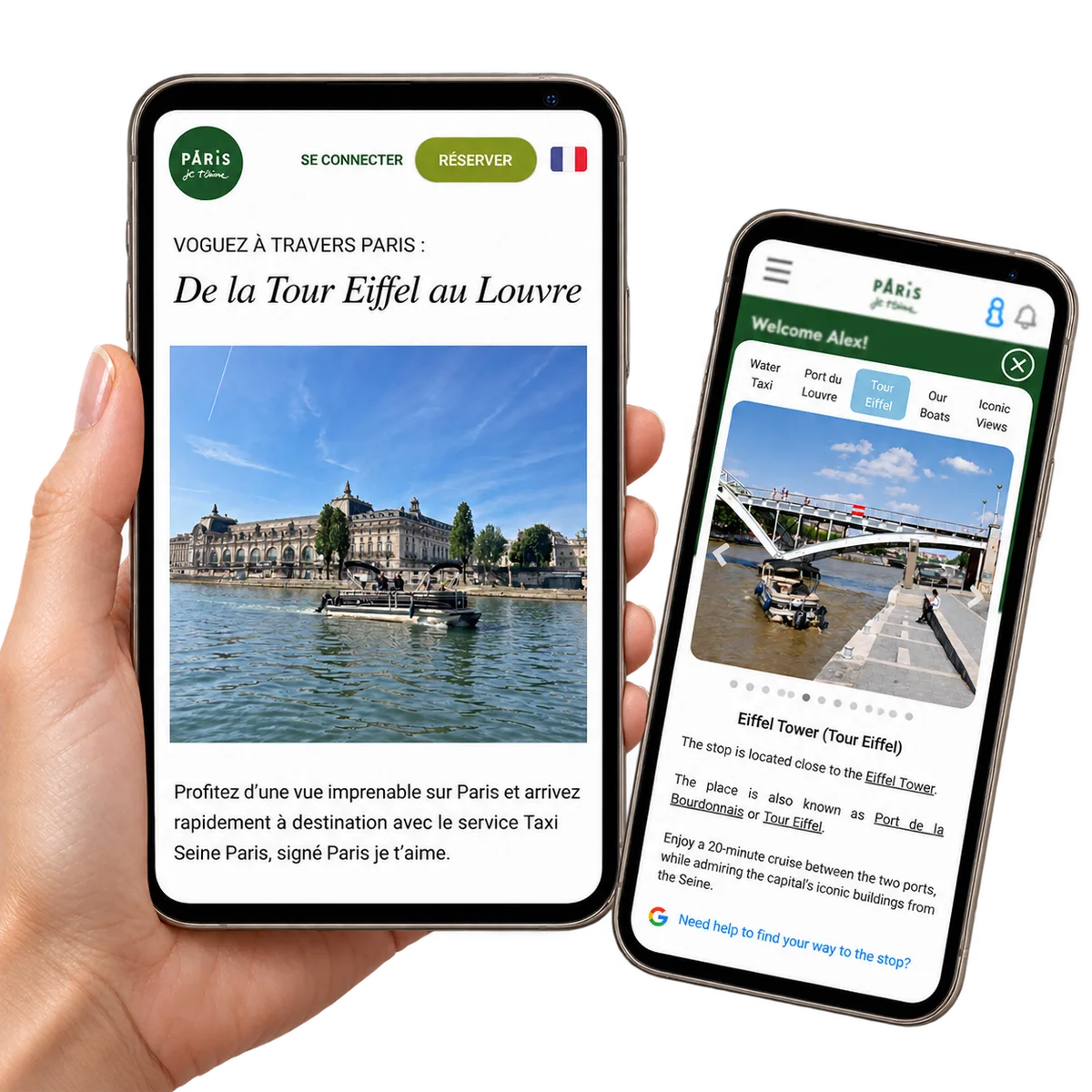 Kädessä pidetty puhelin näyttää julkisen mobiiliverkkosivun. Vieressä on Eiffel-tornin lähtöpaikka toisessa puhelimessa.