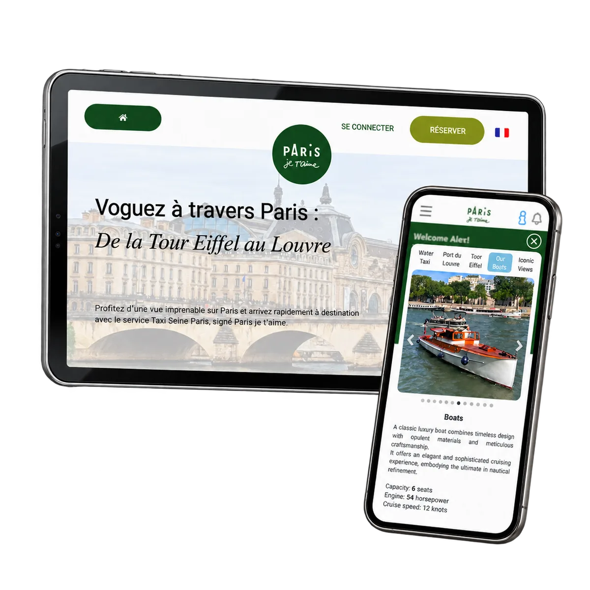Ranskankielinen Taxi Seine Paris -verkkosivu tabletilla ja brändätyt venetiedot puhelimessa.