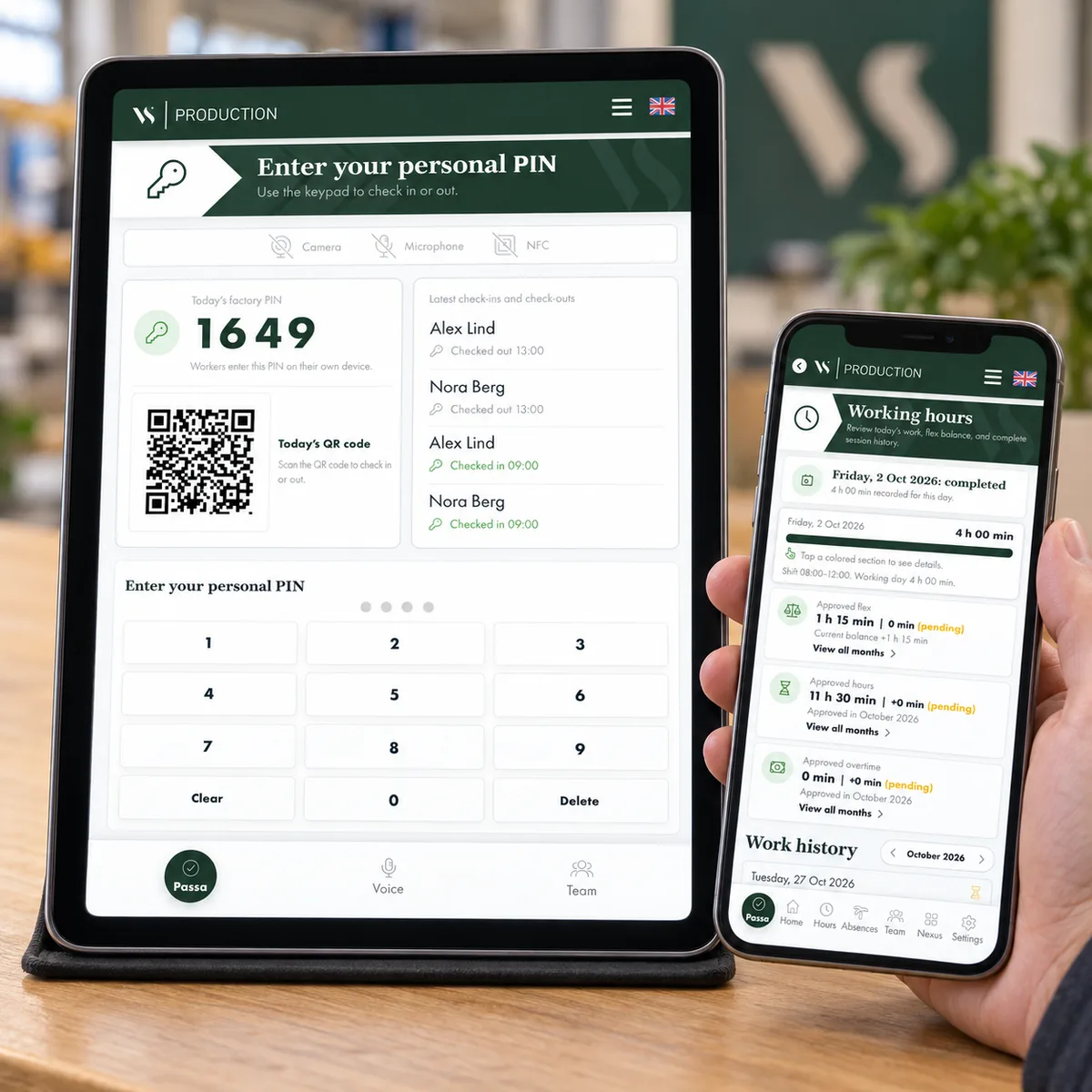 PassaBox on a small tablet with a QR code, full PIN keypad and recent check-ins, beside Worker hours on a phone. Illustrative scene with demo data.