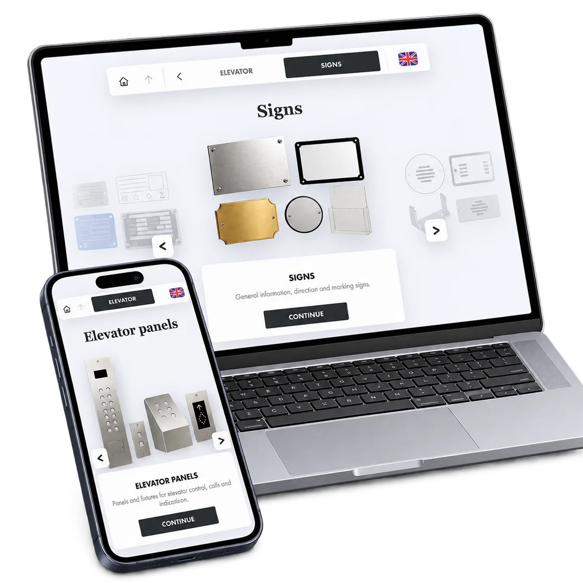 Signs and elevator panels in the product catalogue. Adapted desktop and mobile views.